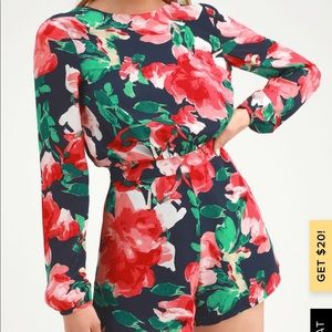 Navy blue floral print backless romper